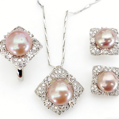 Fashion style 9-11mm purple freshwater pearl set pendant earring and ring zircon :J63312
