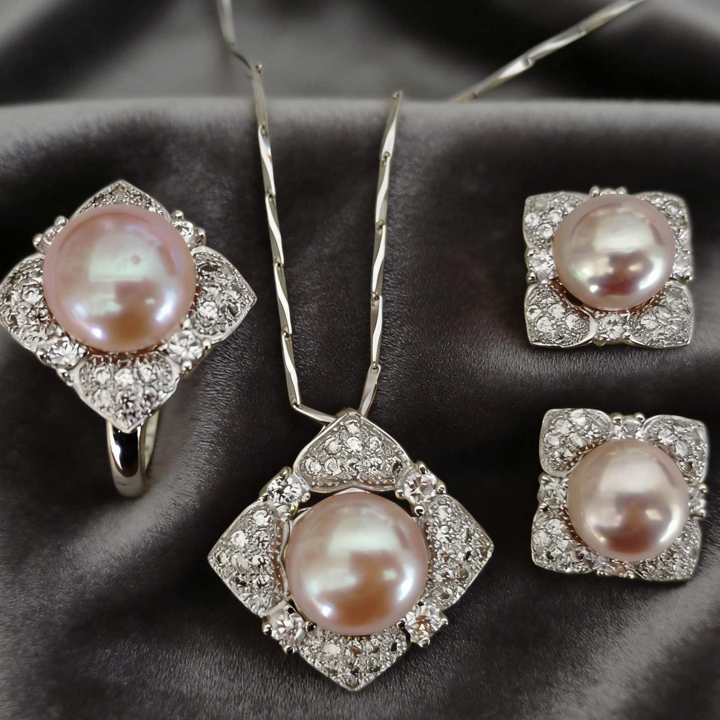 Fashion style 9-11mm purple freshwater pearl set pendant earring and ring zircon :J63312
