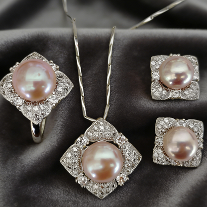 Fashion style 9-11mm purple freshwater pearl set pendant earring and ring zircon :J63312