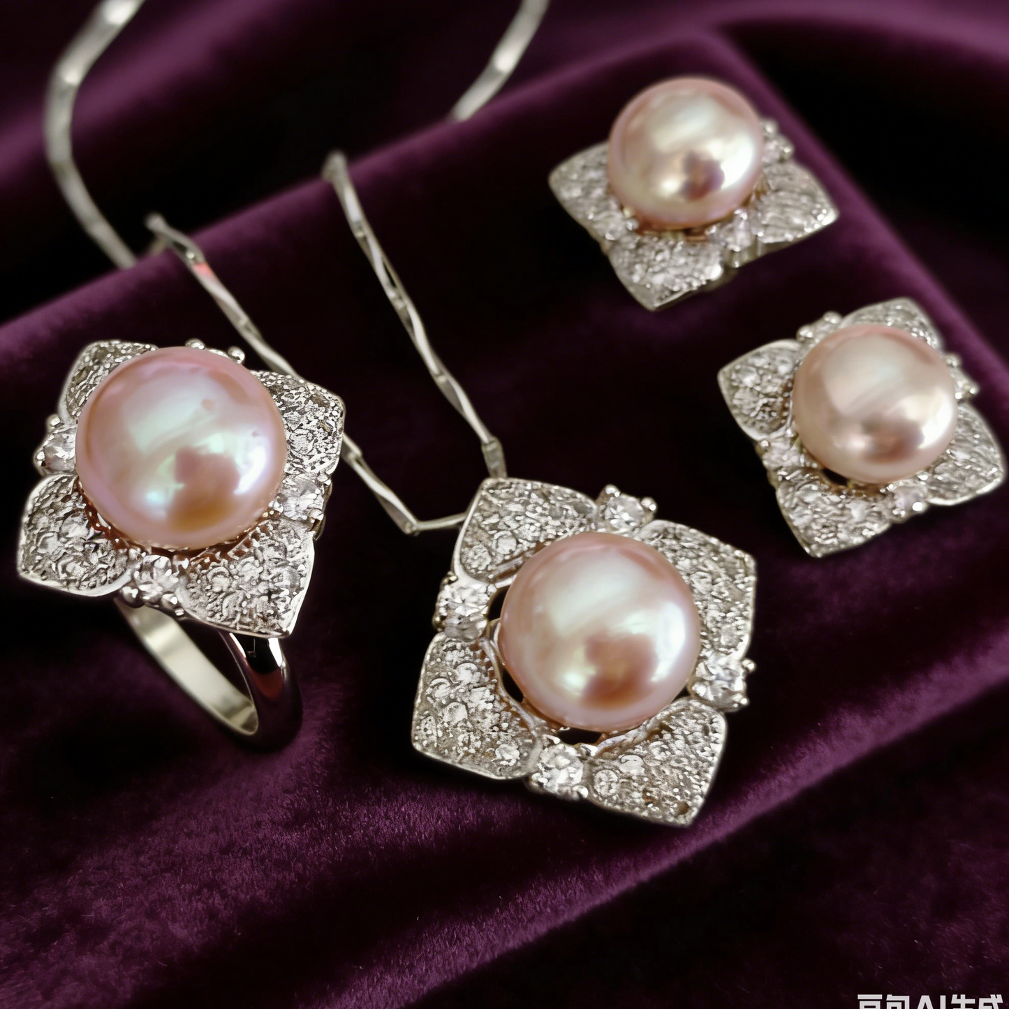 Fashion style 9-11mm purple freshwater pearl set pendant earring and ring zircon :J63312