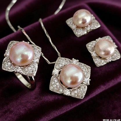 Fashion style 9-11mm purple freshwater pearl set pendant earring and ring zircon :J63312