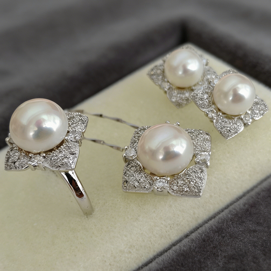 Fashion style white freshwater pearl set pendant earring and ring :J63313